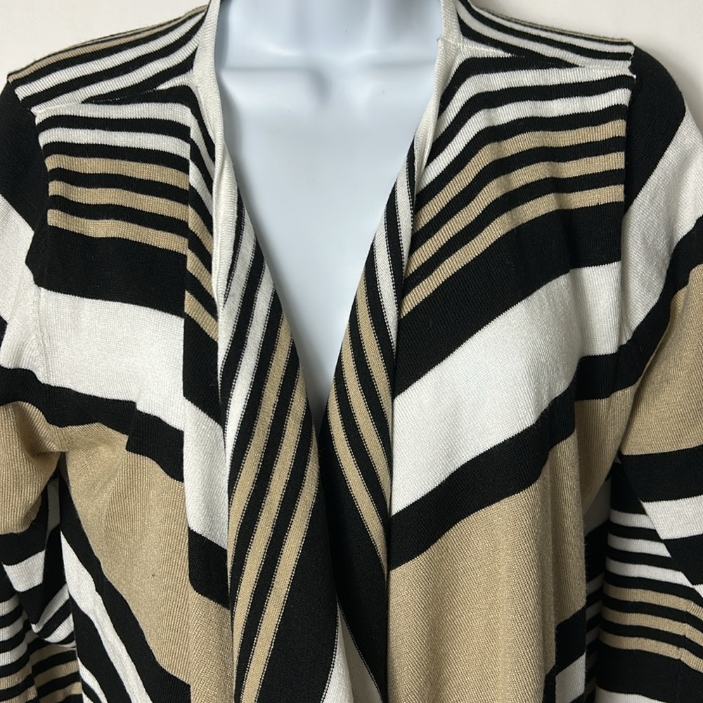 Adrienne Vittadini Women’s Size Large Black White Tan Stripe Open Front Long Top